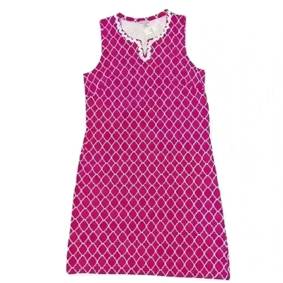 TALBOTS Pink White Quatrefoil Print MIDI Dress Size L Sleeveless Pockets Casual - Picture 5 of 10